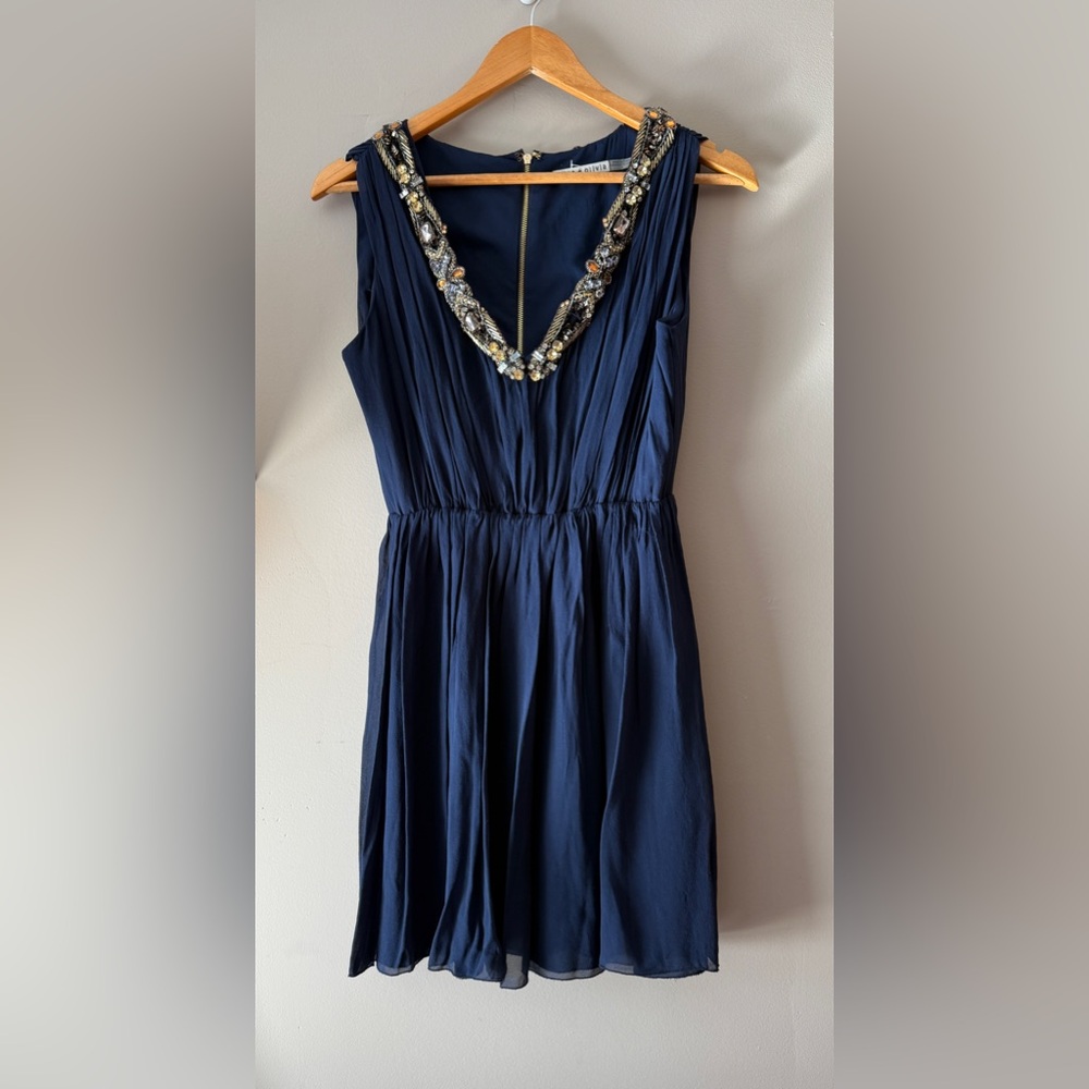 Alice + Olivia Embellished VNeck Silk A Line Mini Dress Navy Blue Women's size 4